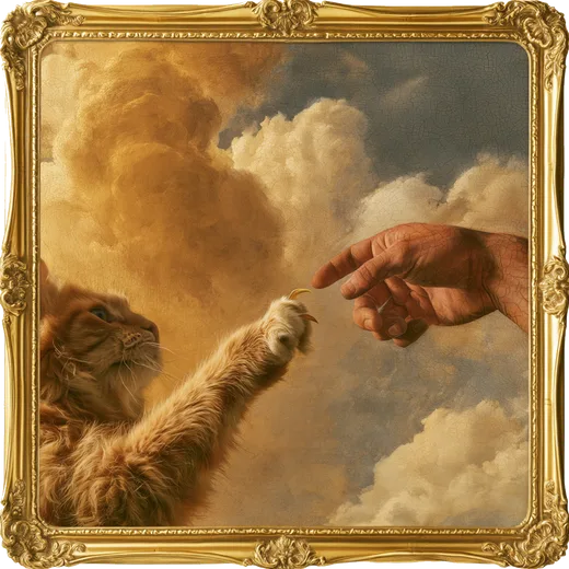 A painting in the style of the Creation of Adam: a fluffy orange cat reaches its paw towards a human hand among golden clouds