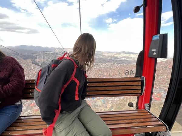 Inside a Mi Teleférico cable-car cabin over La Paz