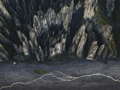 The spires from directly above, like a field of blades
