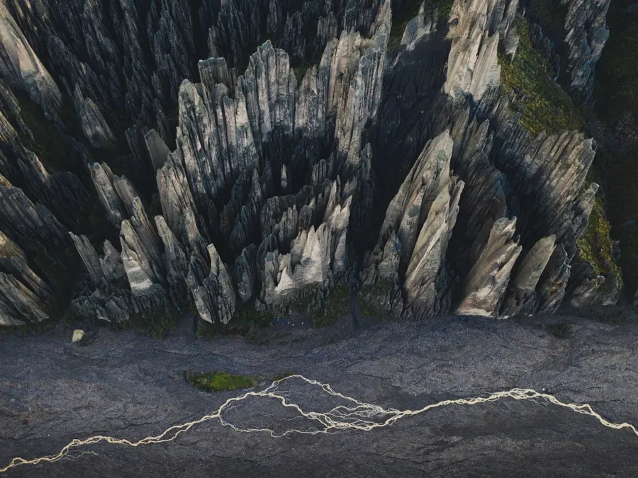 The spires of Valle de las Ánimas from directly above, like a field of blades